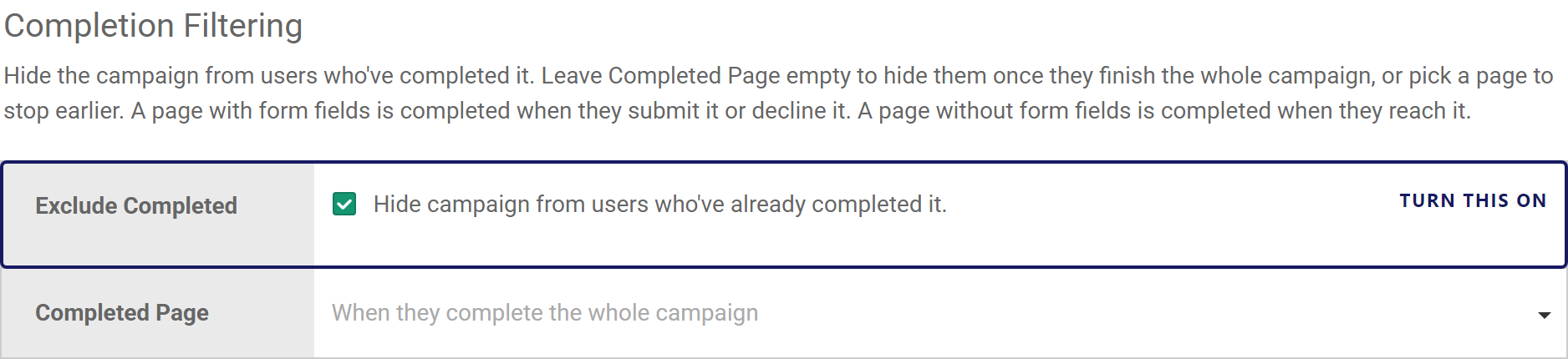Completion Filtering in the ActionPop campaign editor, with the Exclude Completed checkbox highlighted