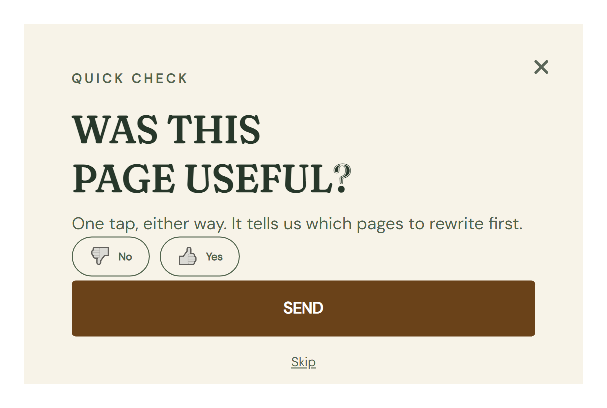 Thumbs up and down campaign page reading Was This Page Useful, labeled No and Yes