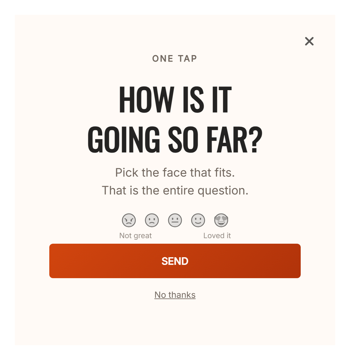 Emoji rating campaign page reading How Is It Going So Far, with 5 faces labeled Not Great to Loved It