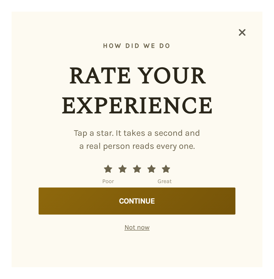 Star rating campaign page reading Rate Your Experience, with a 1 to 5 star scale labeled Poor to Great