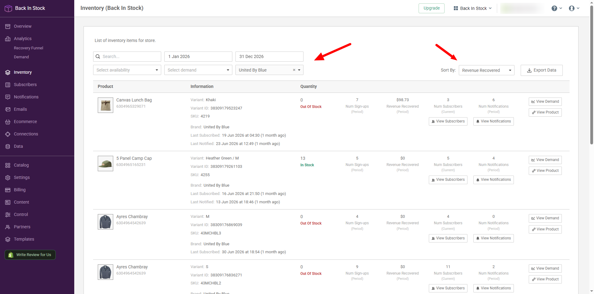 Inventory page with demand figures per size, date range and brand filters